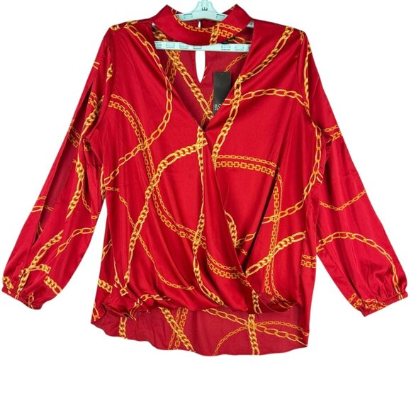 Bold Elements Women's Pullover Wrap Long Sleeve Red Chain Blouse Size XL NWT - Picture 1 of 11